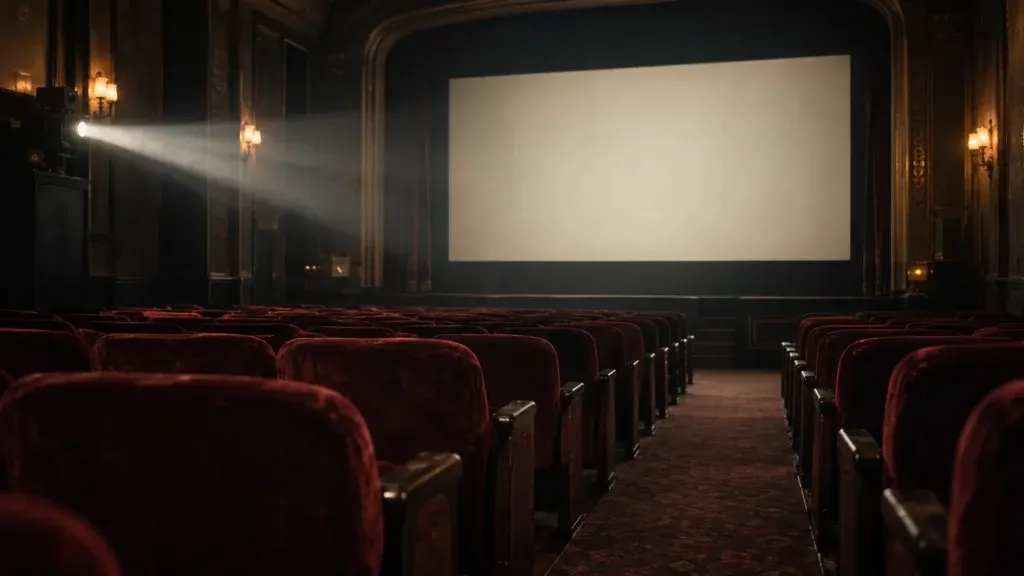 Conceptual illustration of a projector beam above rows of burgundy seats in an empty cinema