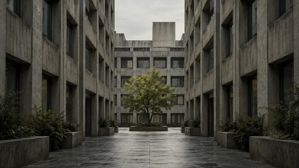 Conceptual illustration of a symmetrical concrete courtyard with a small green tree