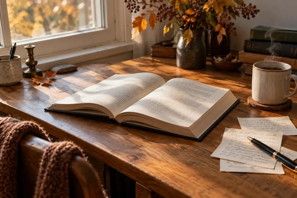 Open novel and annotation slips on a wooden desk in soft daylight.