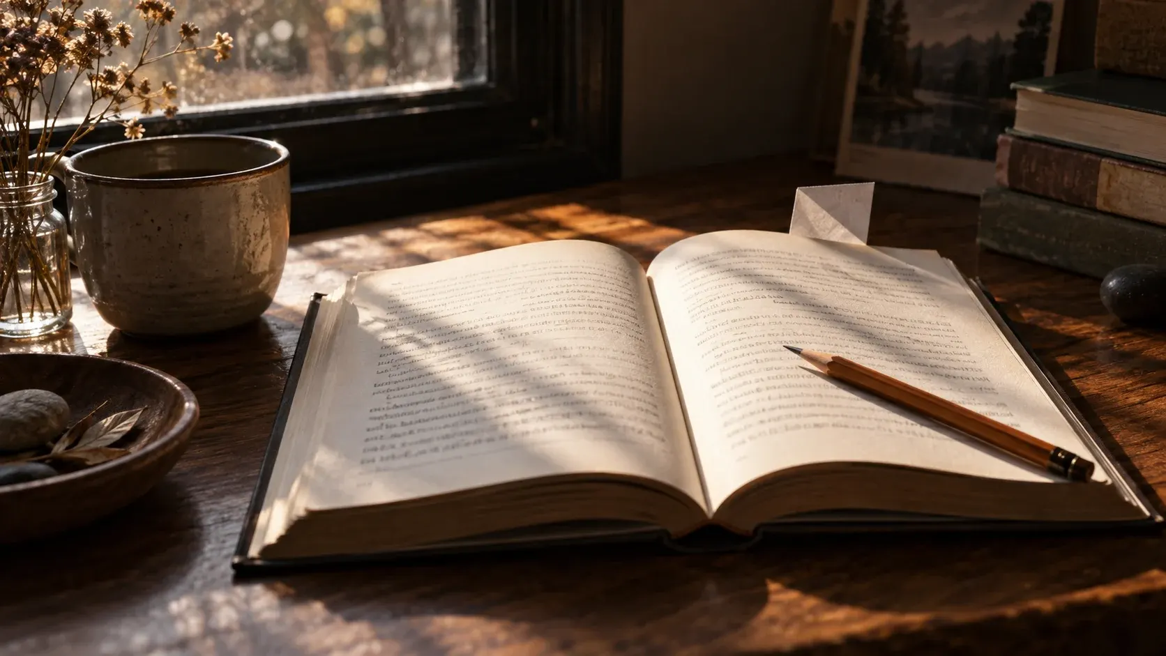 Conceptual illustration of an open novel and pencil on a sunlit wooden reading table